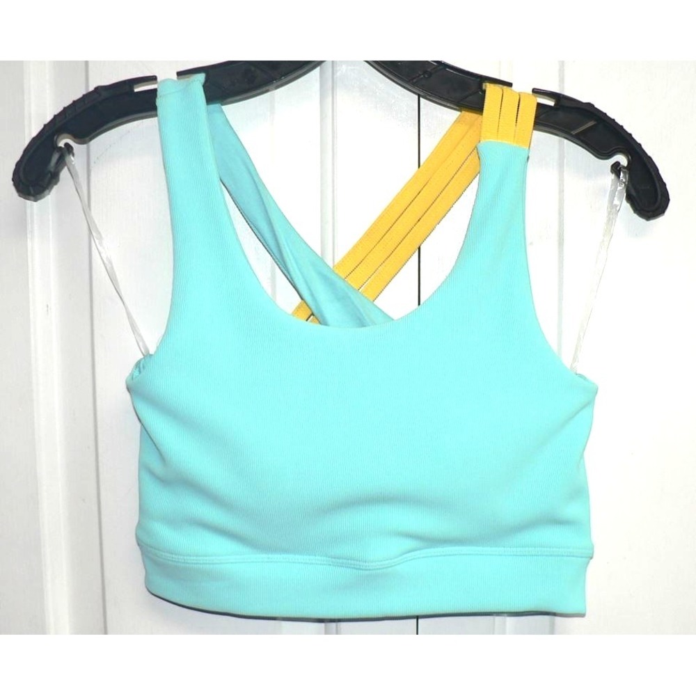 Move Theology‎ Women's Crisscross Asymmetrical Strap Sport Bra in Blue/Yellow SM - Picture 2 of 7